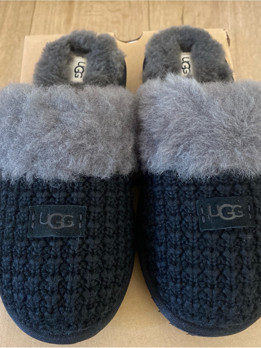 UGG Black Knit Slippers with Gray Shearling Cuff